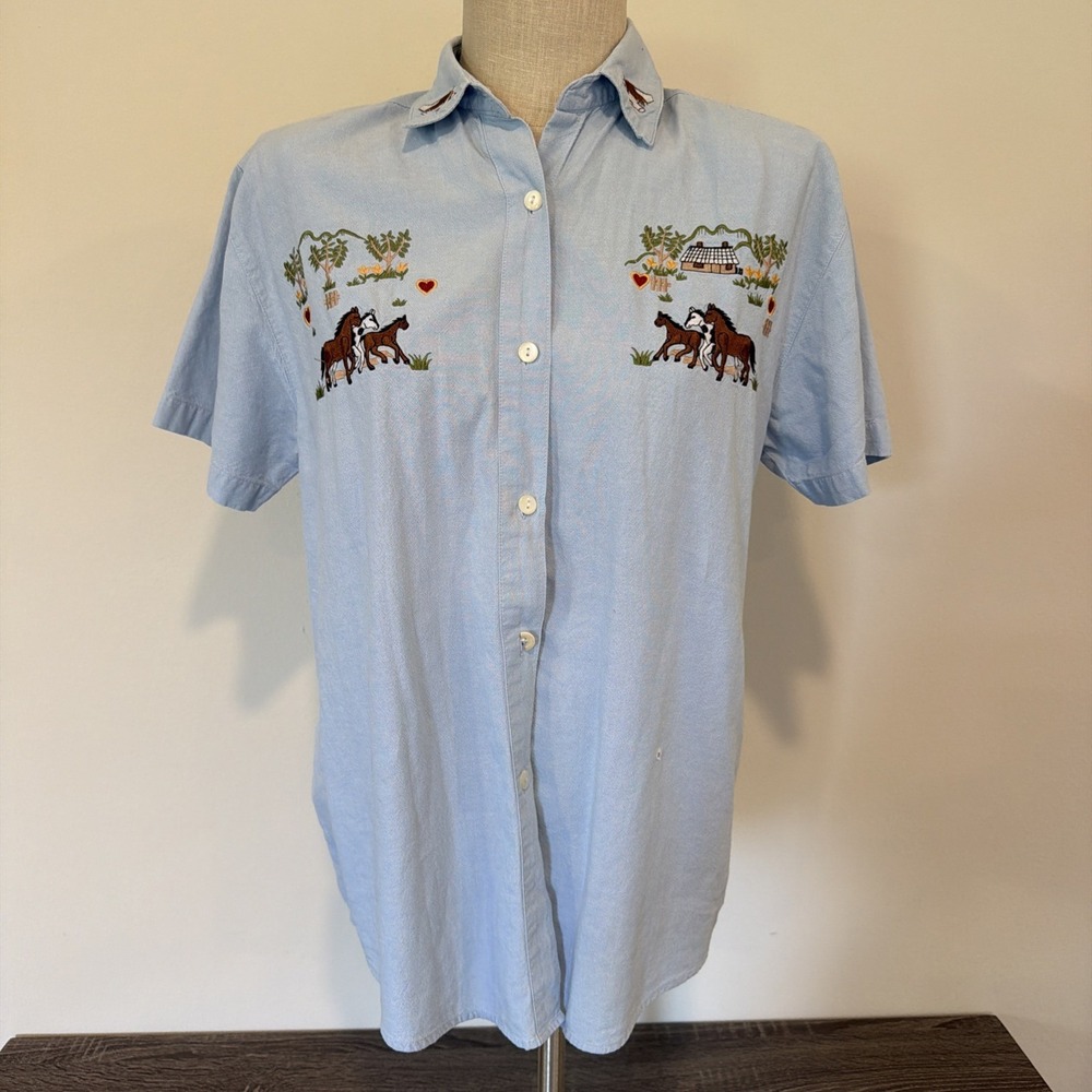 Vtg Marwa Button Up Shirt Women's Horse Farm Heart Size Small Embroidered FLAWS